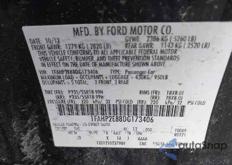 2013 Ford Taurus Sel from USA, damaged, VIN 1FAHP2E88DG173406